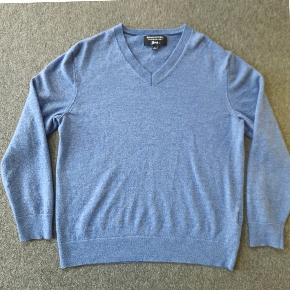 Banana Republic 100% Merino Wool Vee Sweater Mens L Fits M Country Side Blue Ivy